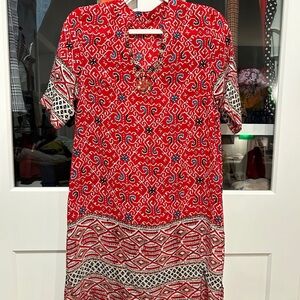 Red and White Patterned 100% Silk Tunic Dress
